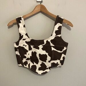 Lone Star Brown and White Cow Print Women's Denim Corset Top, Size Small, Crop